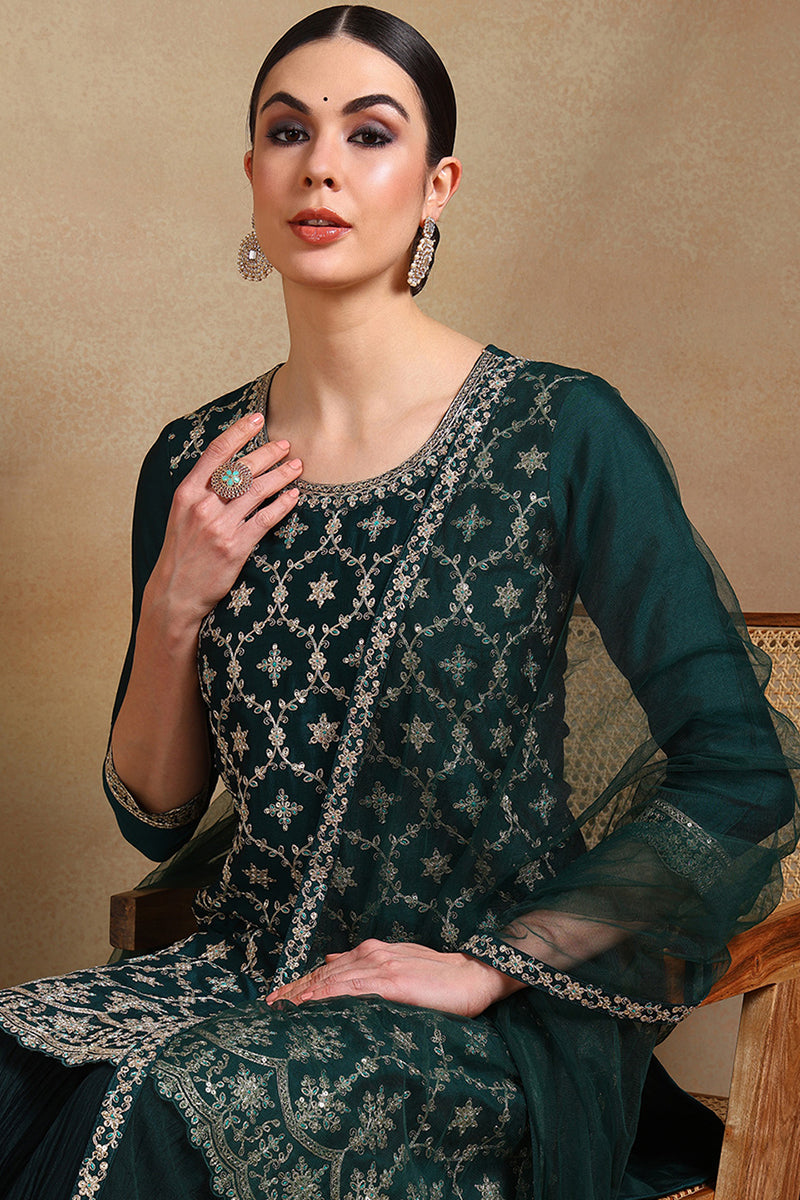 Green Silk Blend Embroidered Kurta Sharara With Dupatta PKSKD1865