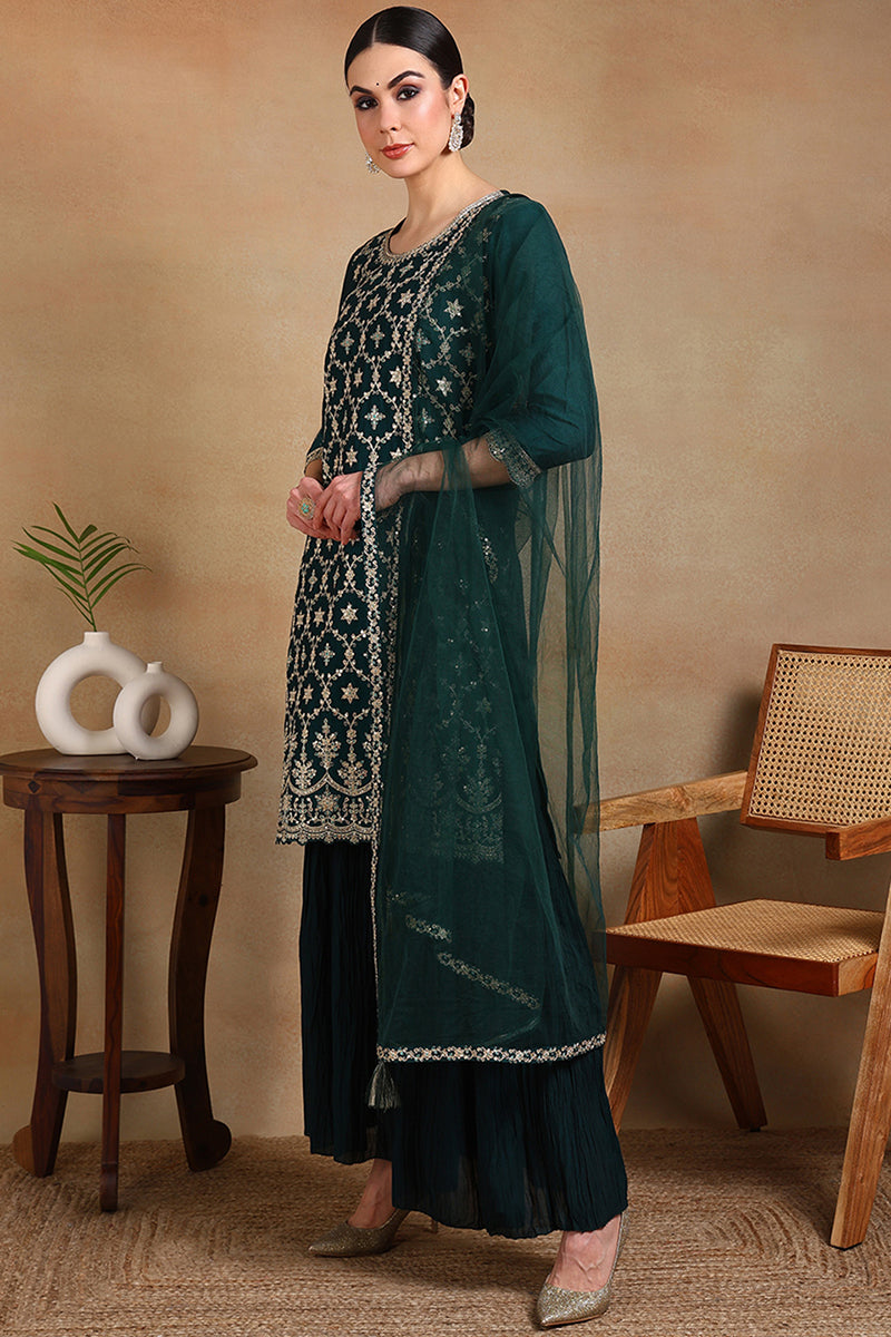 Green Silk Blend Embroidered Kurta Sharara With Dupatta PKSKD1865