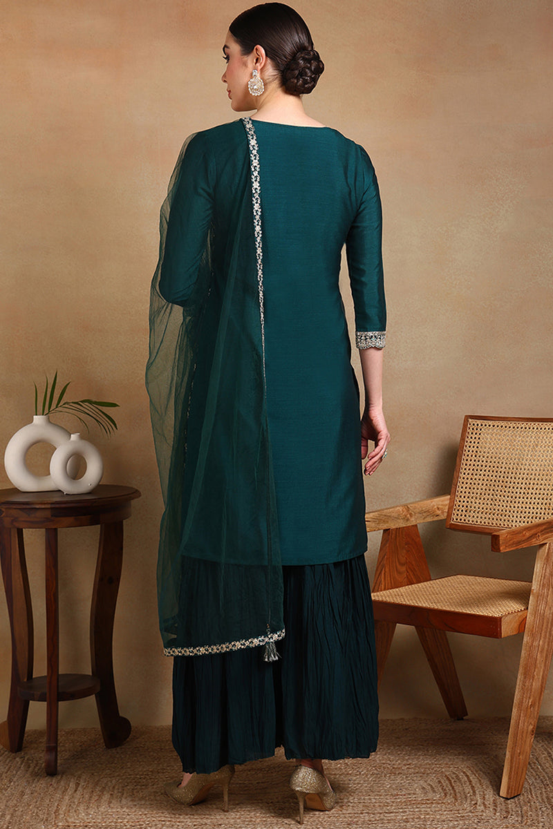 Green Silk Blend Embroidered Kurta Sharara With Dupatta PKSKD1865