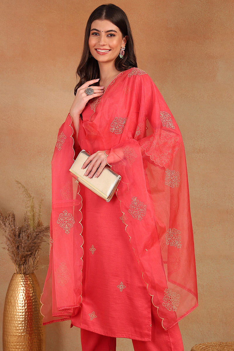 Pink Silk Blend Straight Kurta Palazzo With Dupatta PKSKD1872