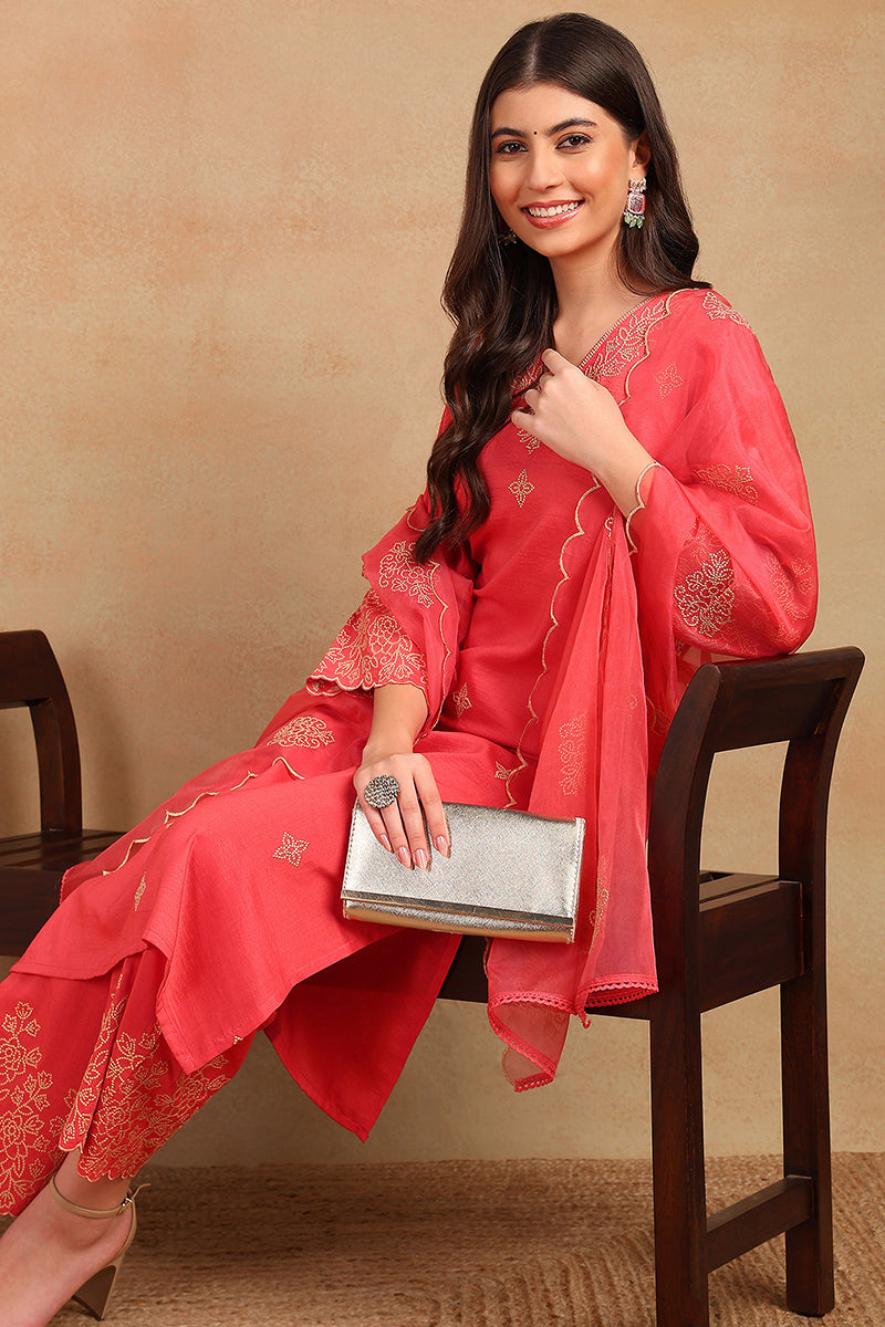 Pink Silk Blend Straight Kurta Palazzo With Dupatta PKSKD1872