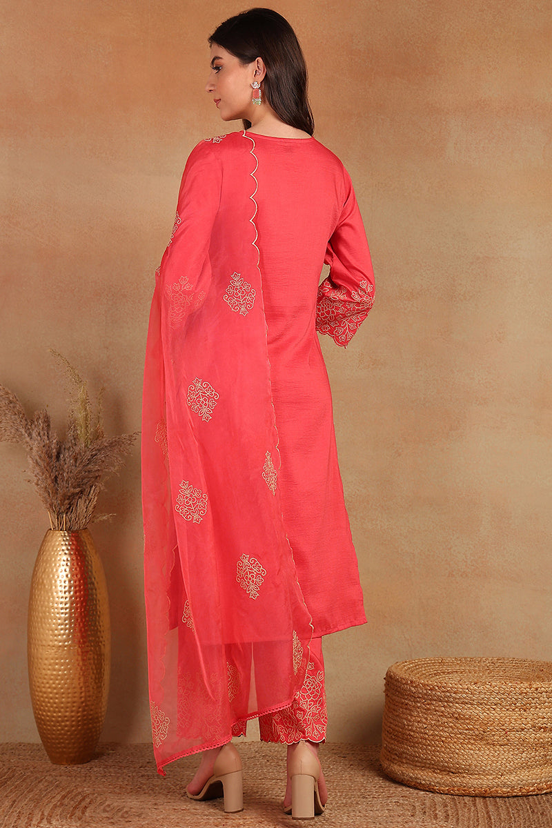 Pink Silk Blend Straight Kurta Palazzo With Dupatta PKSKD1872
