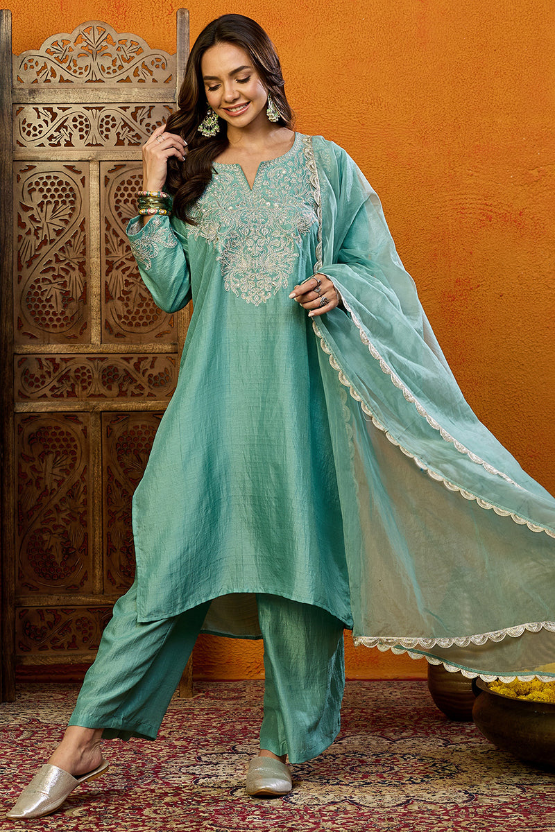 Sea Green Silk Blend Embroidered Straight Suit Set PKSKD1889