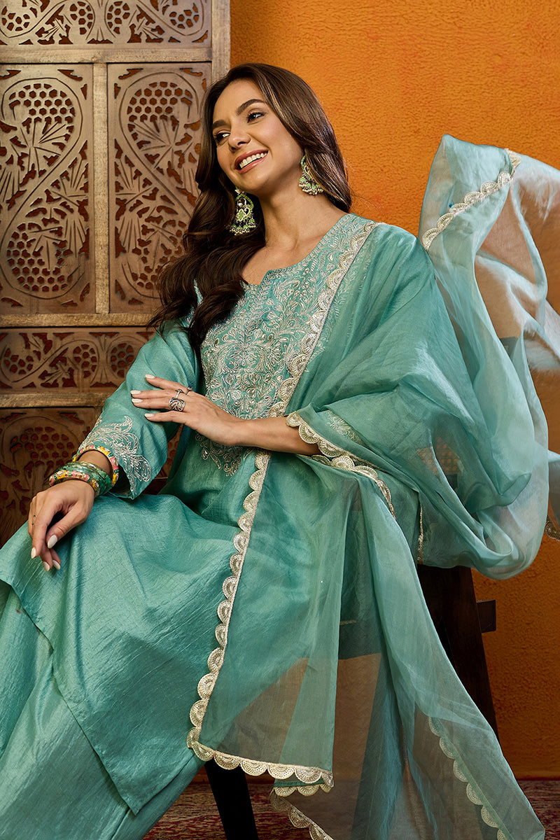 Sea Green Silk Blend Embroidered Straight Suit Set PKSKD1889