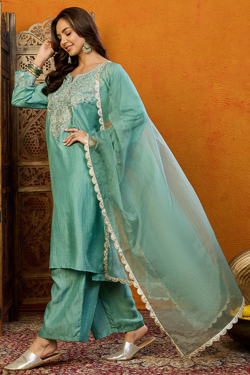 Sea Green Silk Blend Embroidered Straight Suit Set PKSKD1889