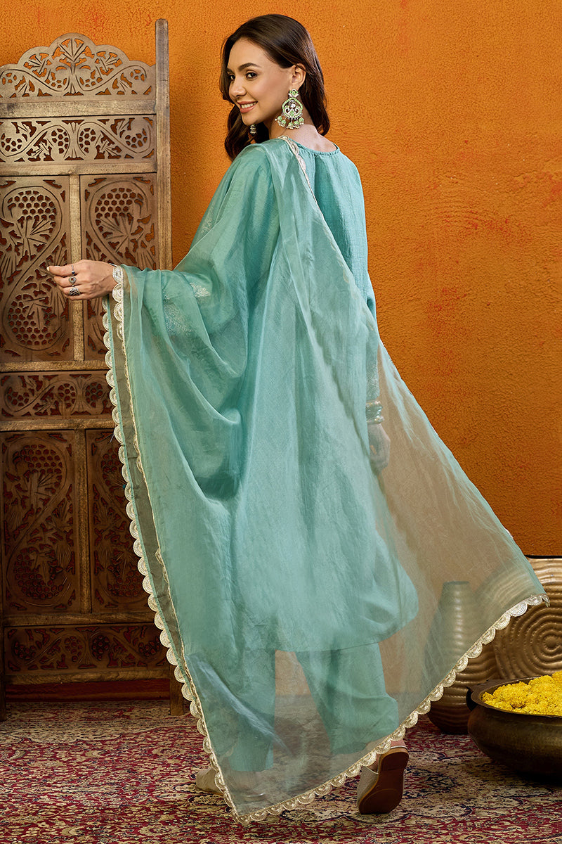 Sea Green Silk Blend Embroidered Straight Suit Set PKSKD1889