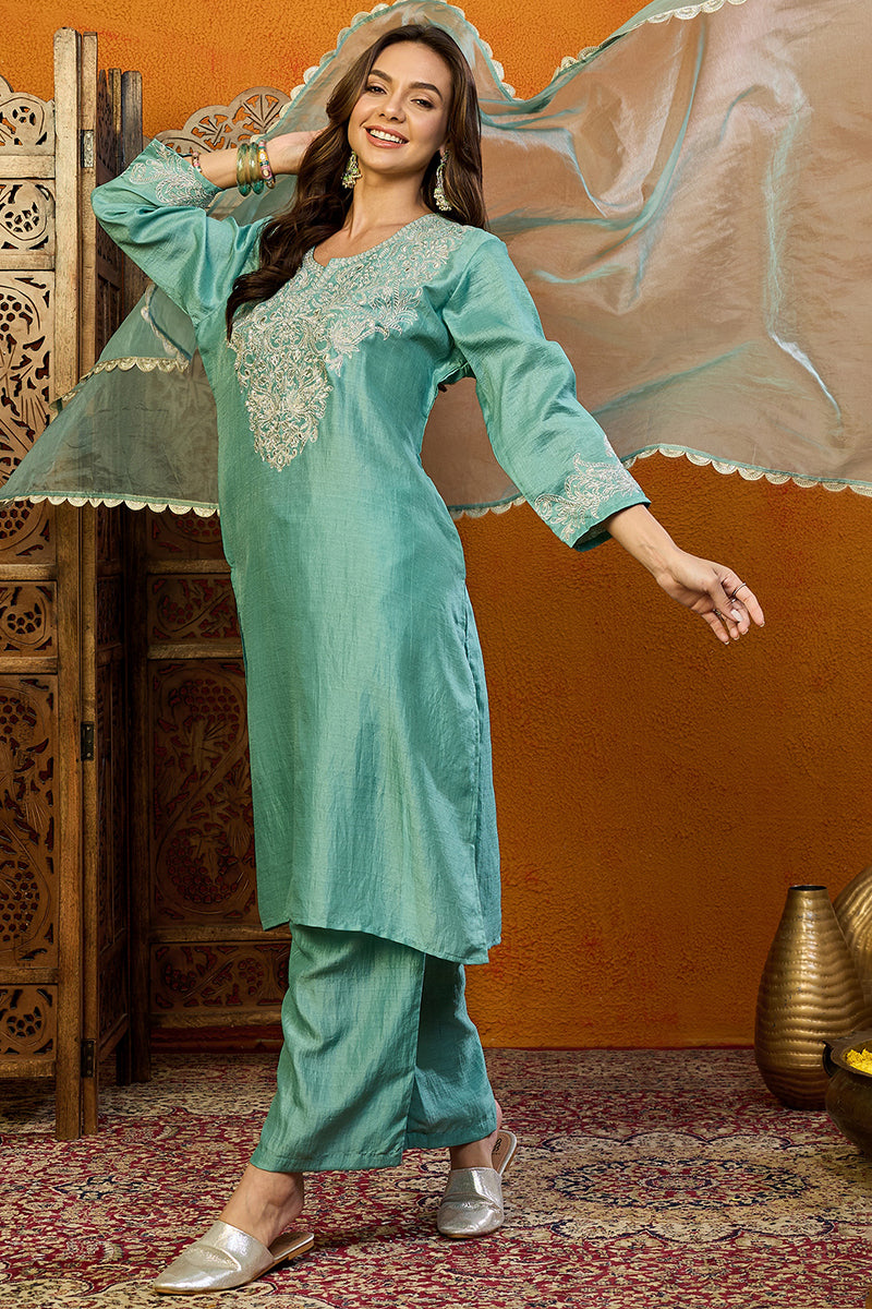 Sea Green Silk Blend Embroidered Straight Suit Set PKSKD1889
