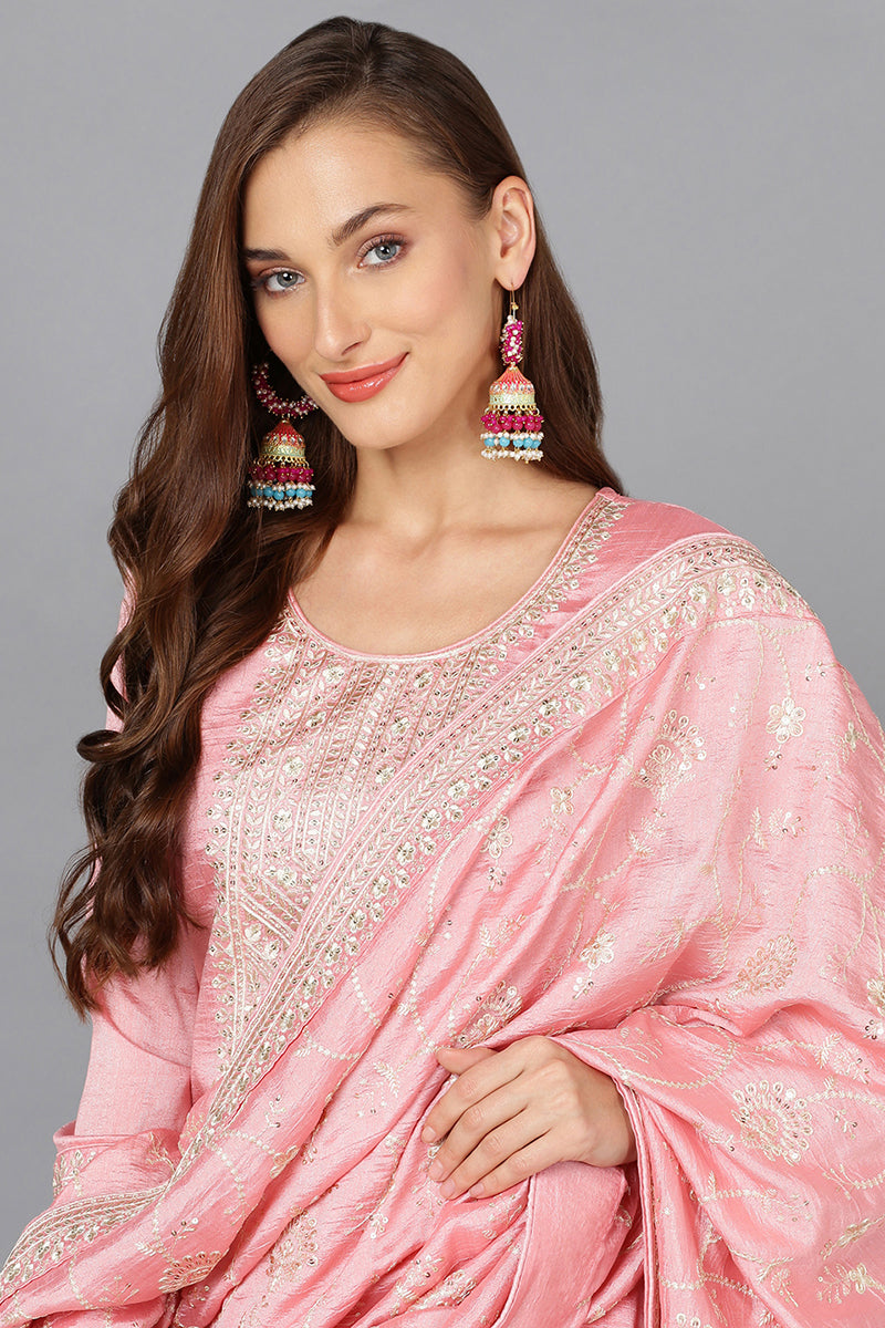 Pink Silk Blend Ethnic Motifs Straight Suit Set PKSKD1895