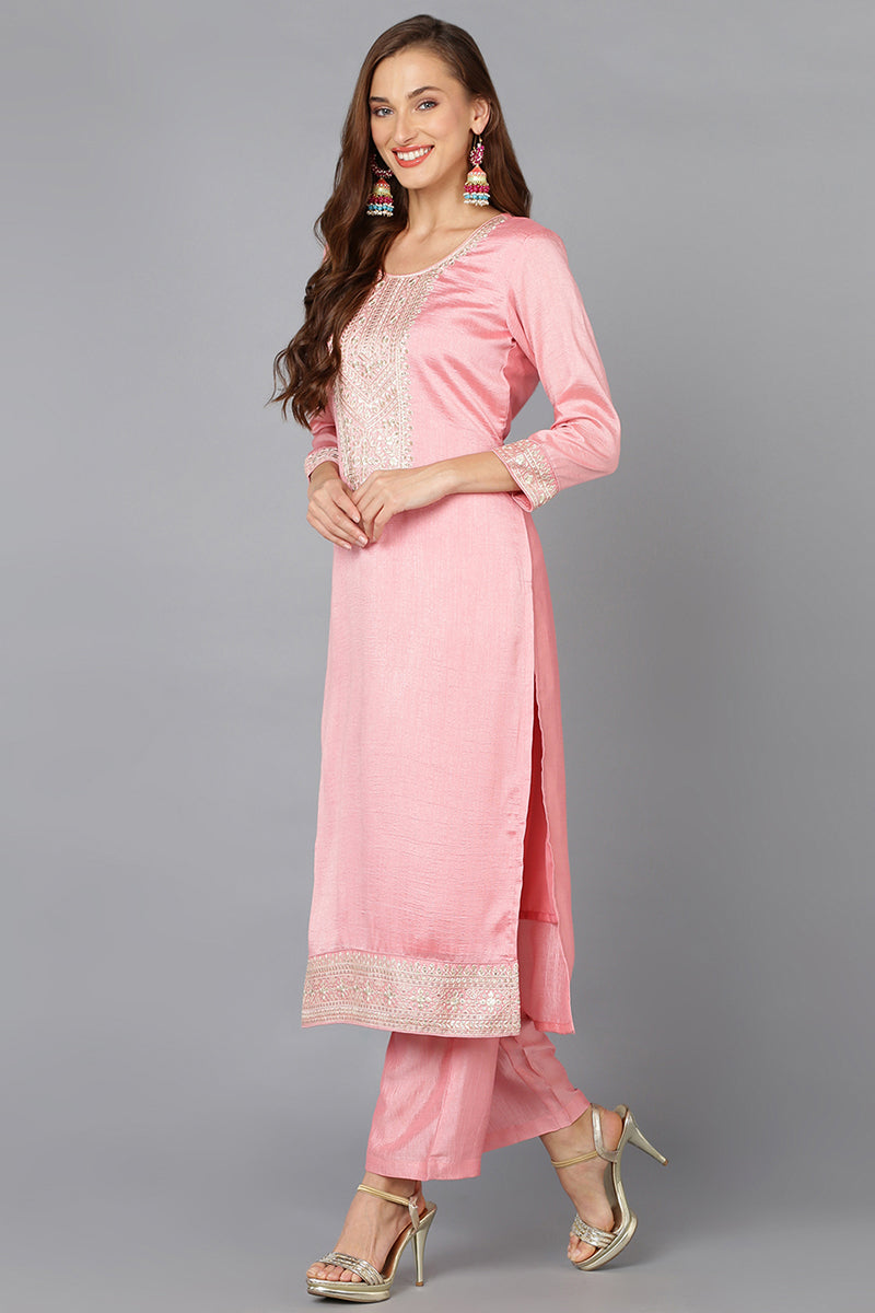 Pink Silk Blend Ethnic Motifs Straight Suit Set PKSKD1895