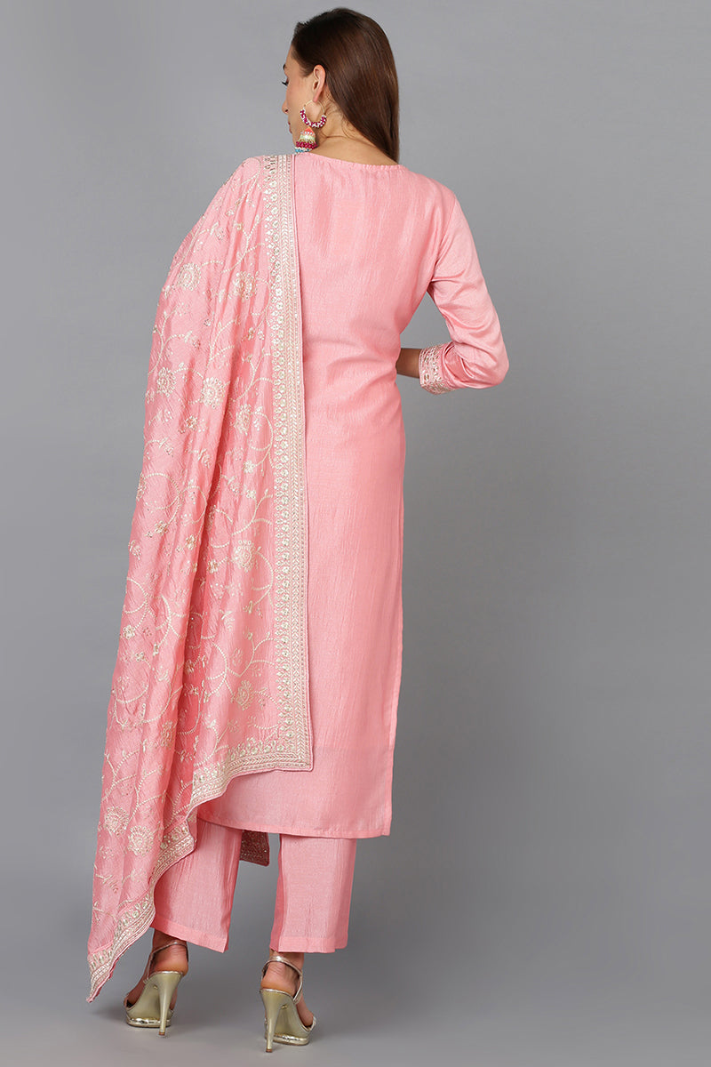 Pink Silk Blend Ethnic Motifs Straight Suit Set PKSKD1895