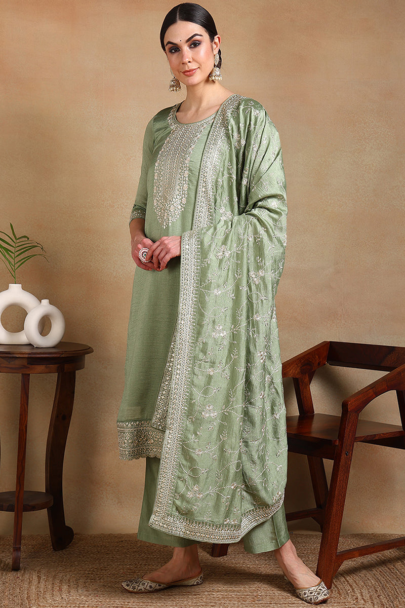 Green Silk Blend Ethnic Motifs Straight Suit Set PKSKD1897