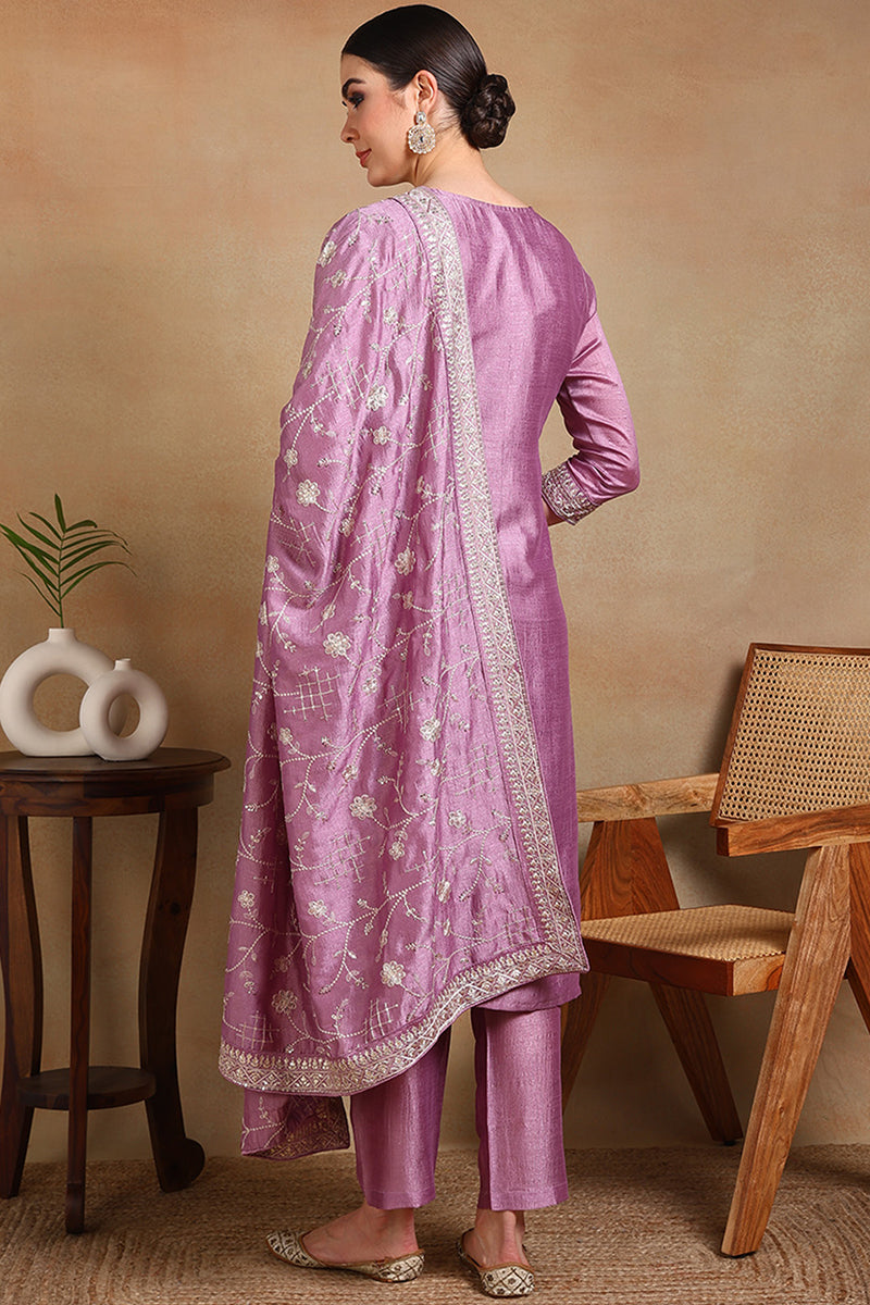 Lavender Silk Blend Straight Kurta Pant With Dupatta PKSKD1898