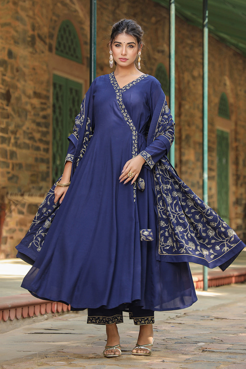 Prussian Blue Poly Georgette Angrakha Pant With Dupatta PKSKD1910