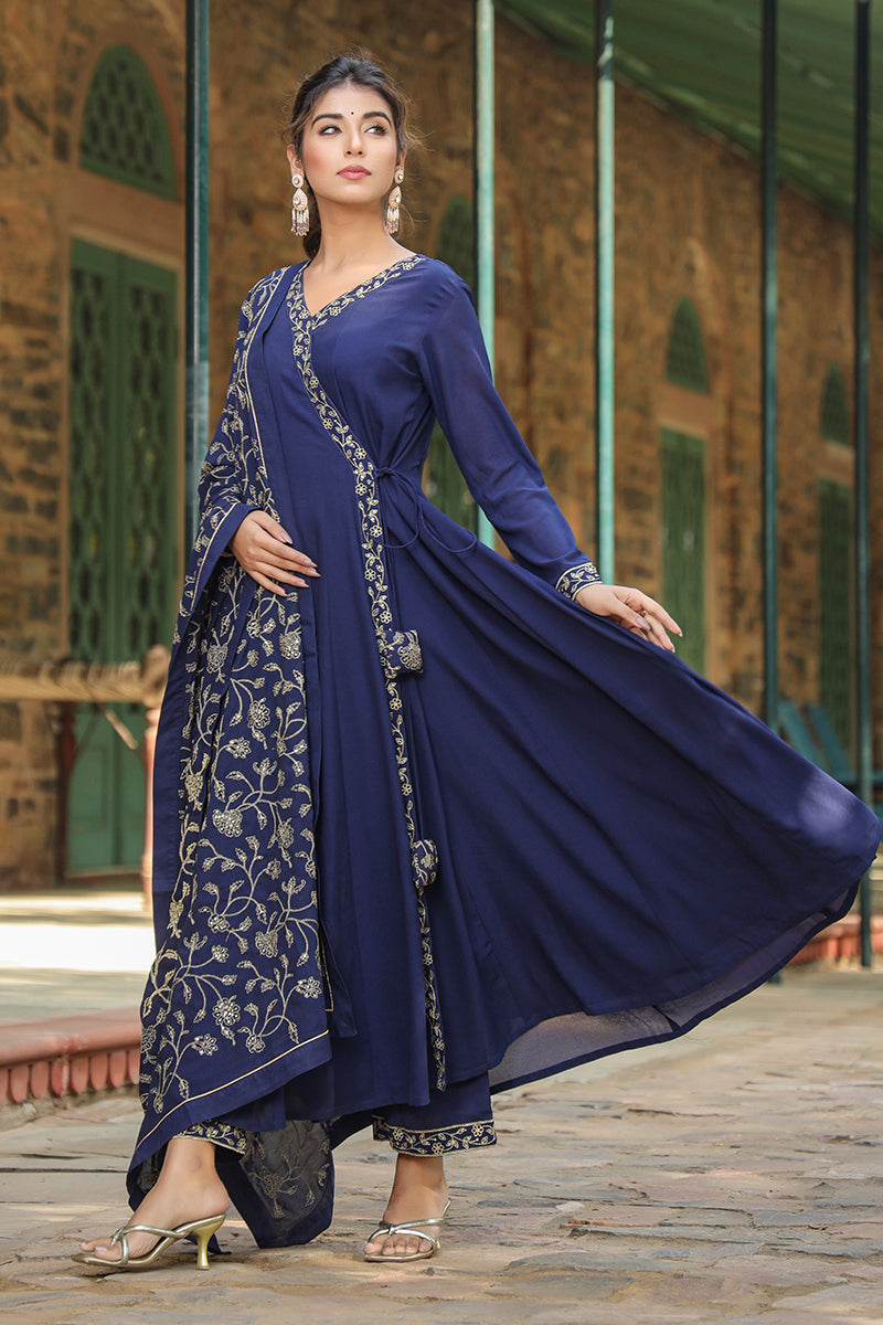 Prussian Blue Poly Georgette Angrakha Pant With Dupatta PKSKD1910