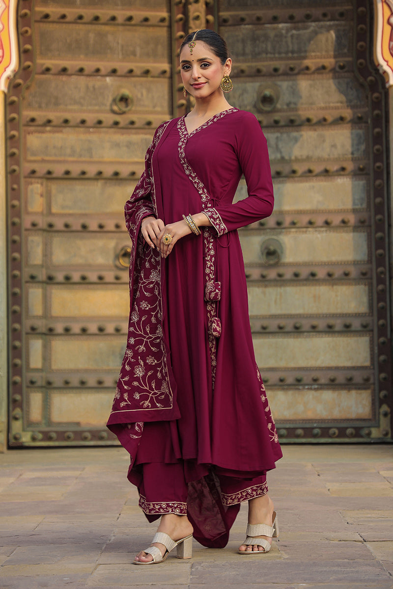 Fuschia Poly Georgette Angrakha Pant With Dupatta PKSKD1911