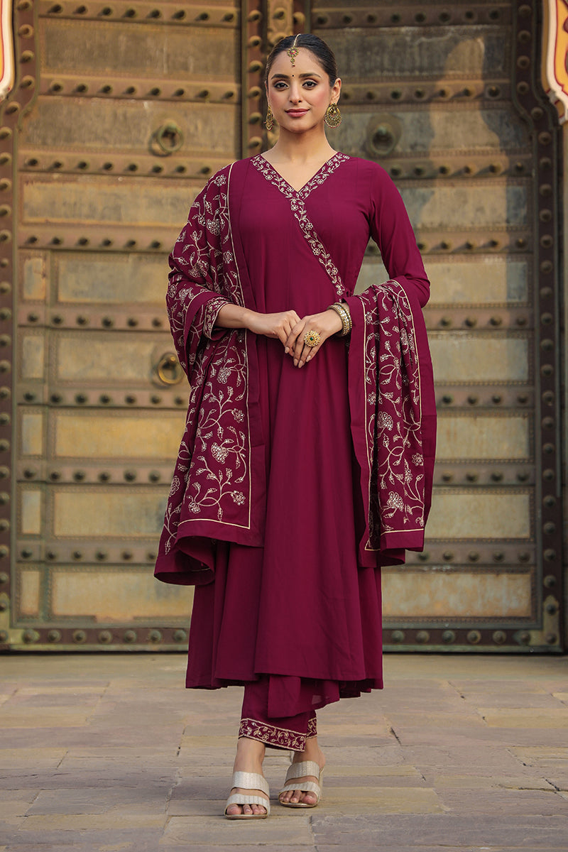 Fuschia Poly Georgette Angrakha Pant With Dupatta PKSKD1911