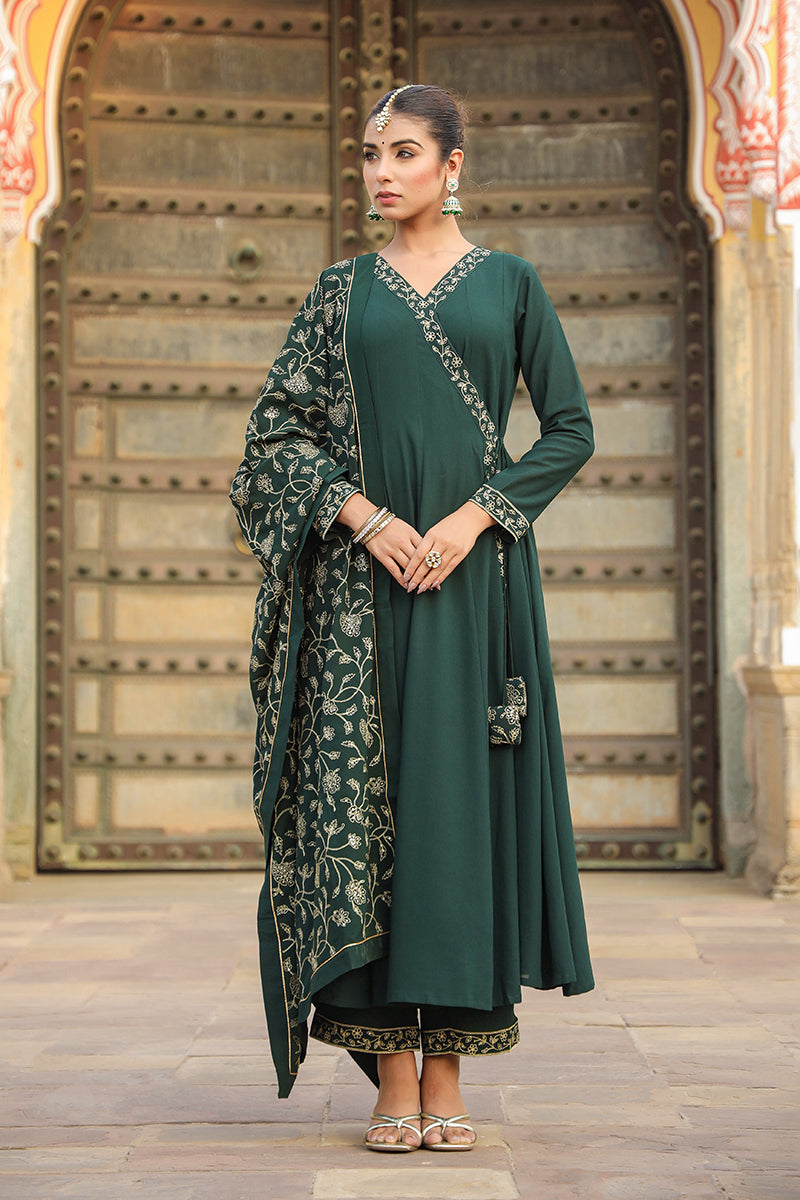 Dark Green Poly Georgette Angrakha Pant With Dupatta PKSKD1912