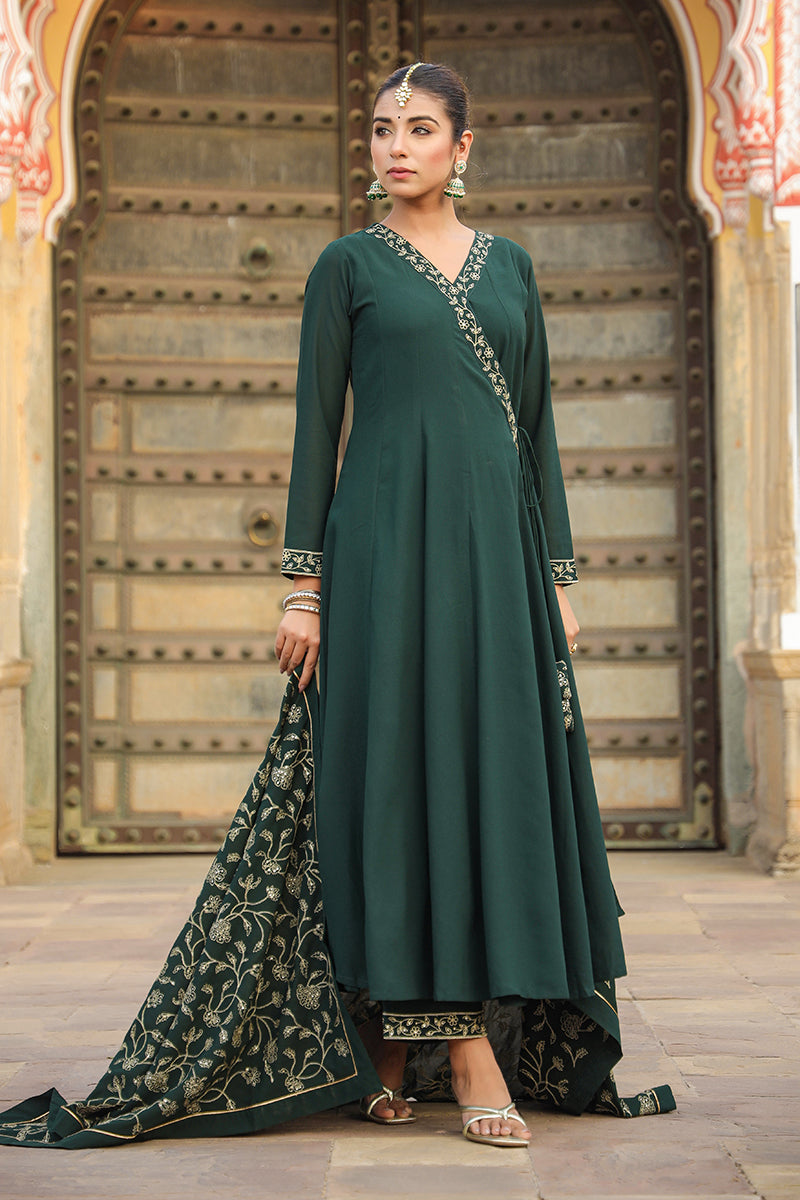 Dark Green Poly Georgette Angrakha Pant With Dupatta PKSKD1912