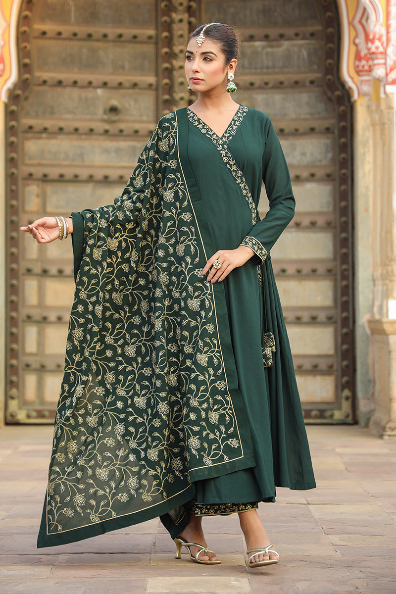 Dark Green Poly Georgette Angrakha Pant With Dupatta PKSKD1912