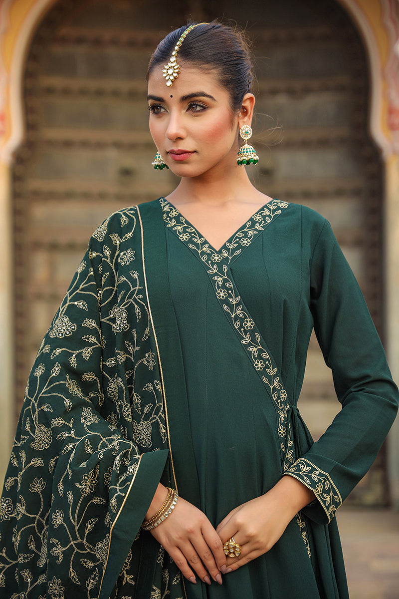 Dark Green Poly Georgette Angrakha Pant With Dupatta PKSKD1912