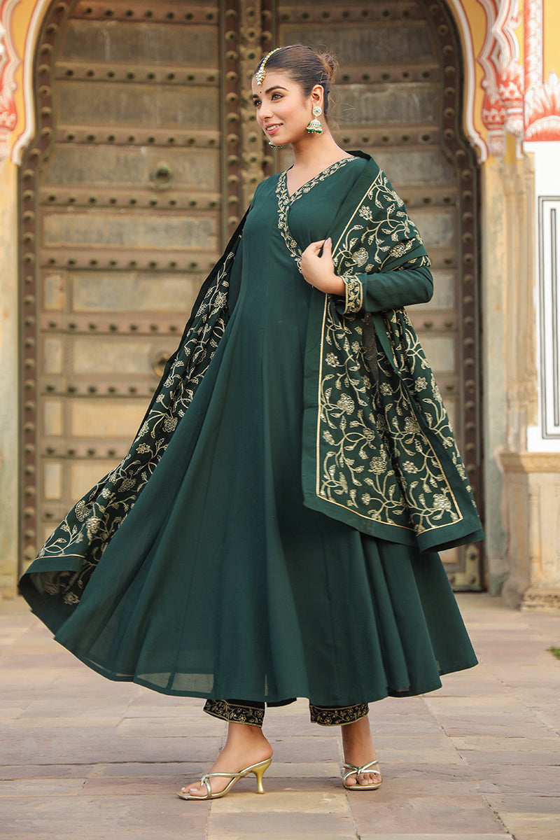 Dark Green Poly Georgette Angrakha Pant With Dupatta PKSKD1912