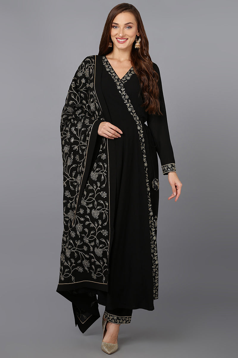 Black Poly Georgette Angrakha Pant With Dupatta PKSKD1913
