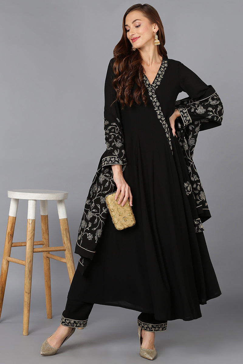 Black Poly Georgette Angrakha Pant With Dupatta PKSKD1913