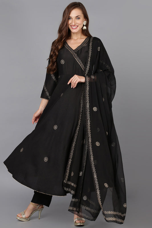 Black Silk Blend Ethnic Motifs Straight Suit Set PKSKD1916