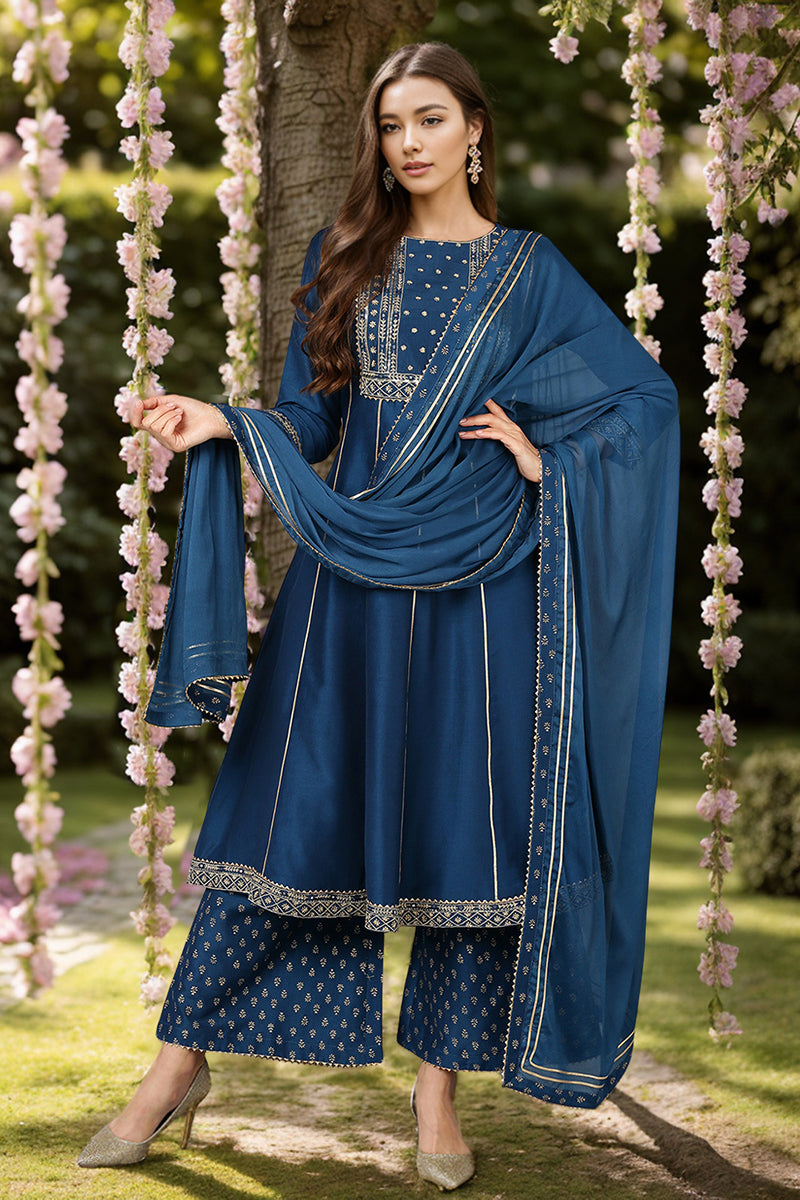 Teal Silk Blend Ethnic Motifs Anarkali Suit Set PKSKD1930