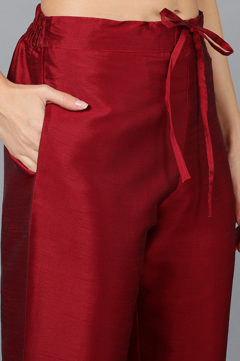 Maroon Silk Blend Yoke Design Kurta Trouser With Dupatta PKSKD1936