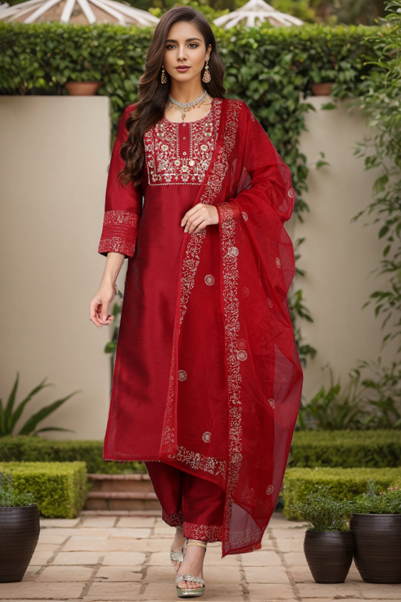 Maroon Silk Blend Yoke Design Kurta Trouser With Dupatta PKSKD1936