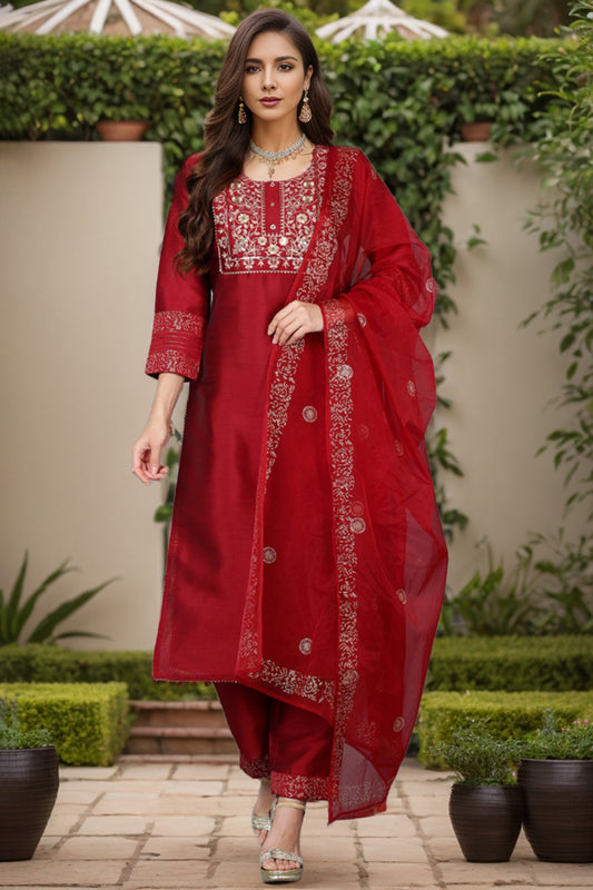 Maroon Silk Blend Yoke Design Kurta Trouser With Dupatta PKSKD1936