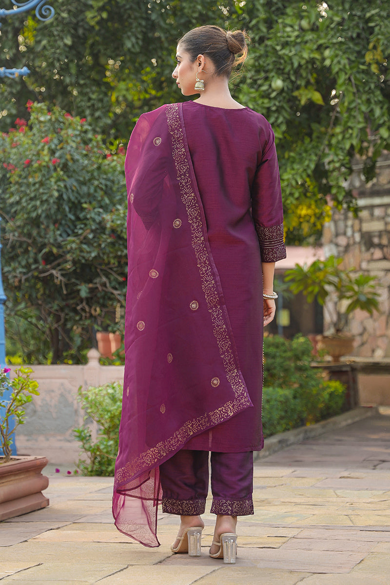 Purple Silk Blend Straight Yoke Design Kurta Pant With Dupatta PKSKD1937