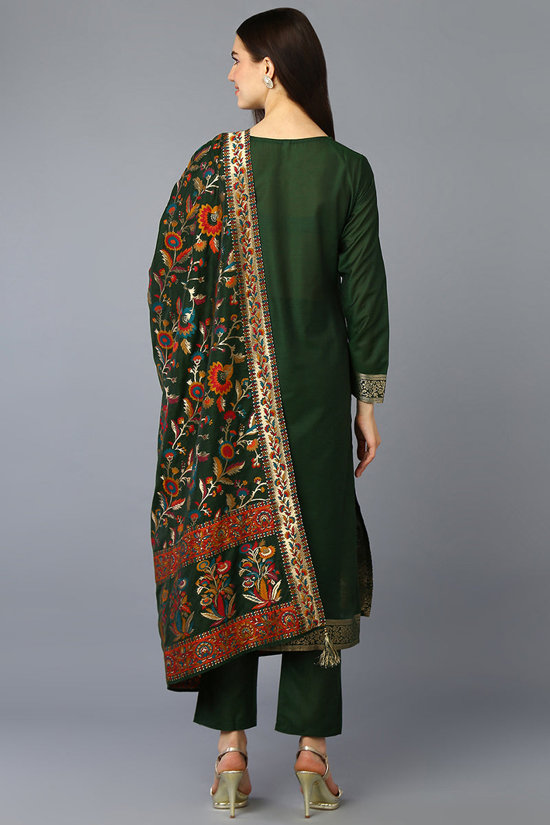 Green Silk Blend Ethnic Motifs Straight Suit Set PKSKD1953
