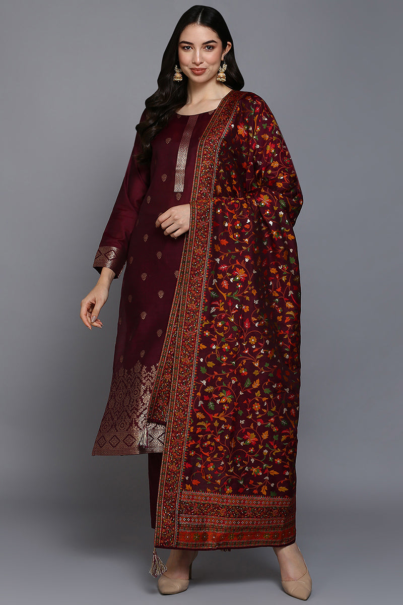 Burgundy Silk Blend Ethnic Straight Suit Set PKSKD1954