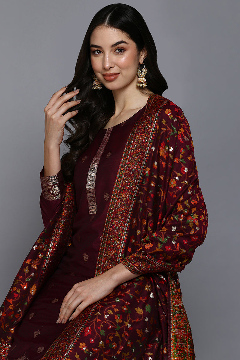 Burgundy Silk Blend Ethnic Straight Suit Set PKSKD1954