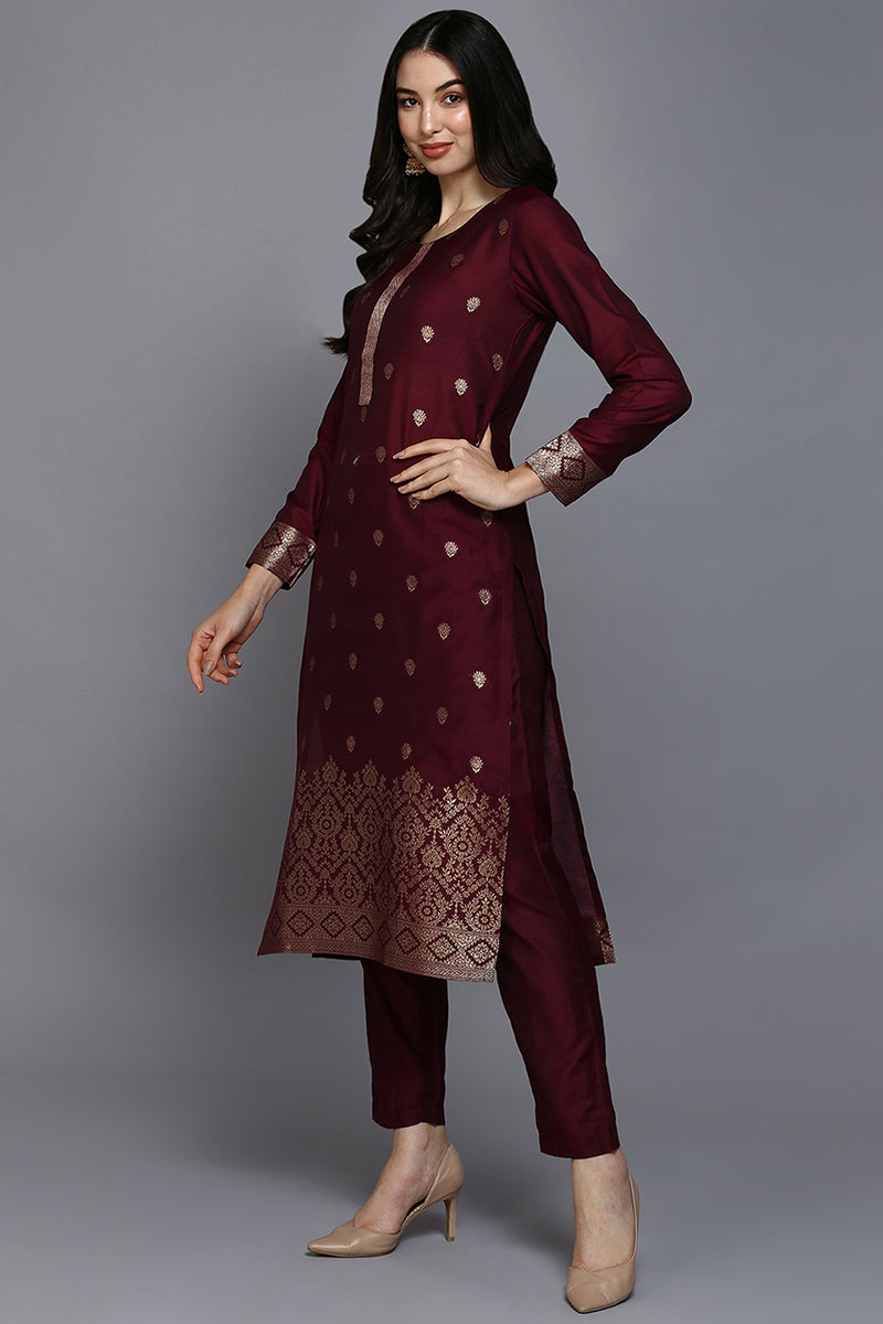 Burgundy Silk Blend Ethnic Straight Suit Set PKSKD1954