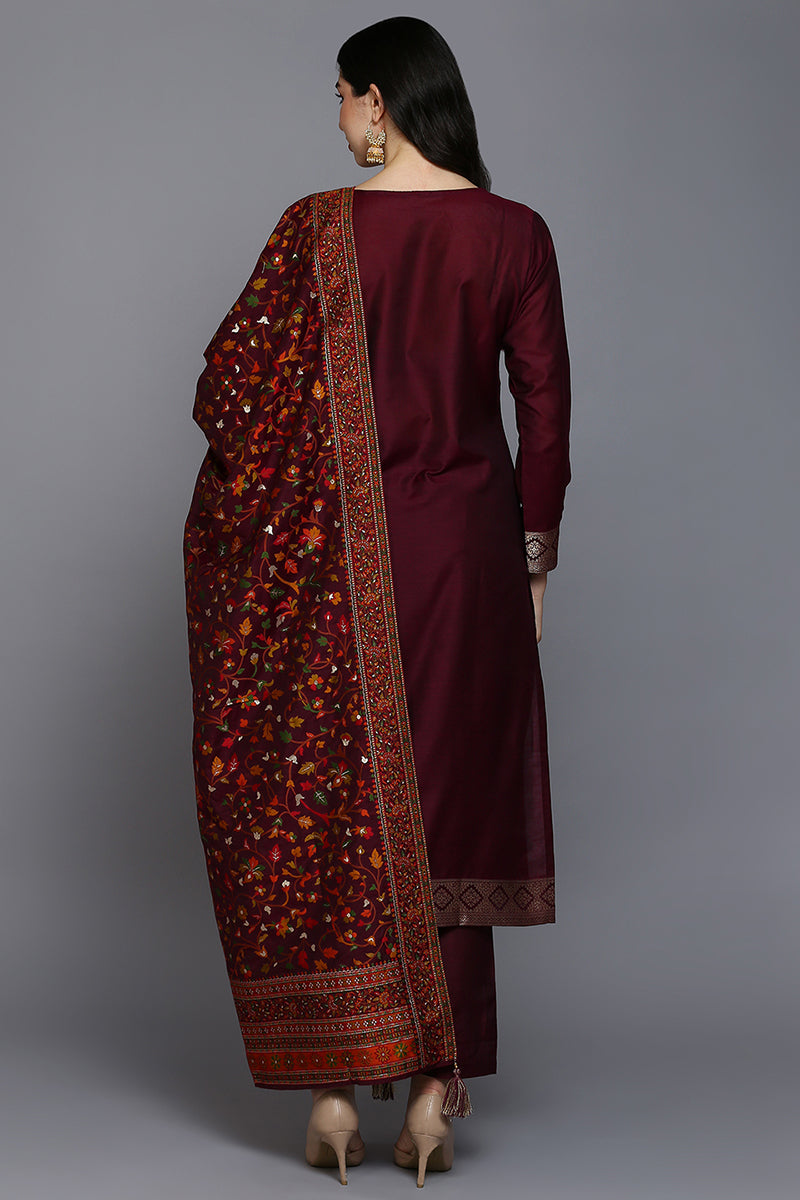 Burgundy Silk Blend Ethnic Straight Suit Set PKSKD1954