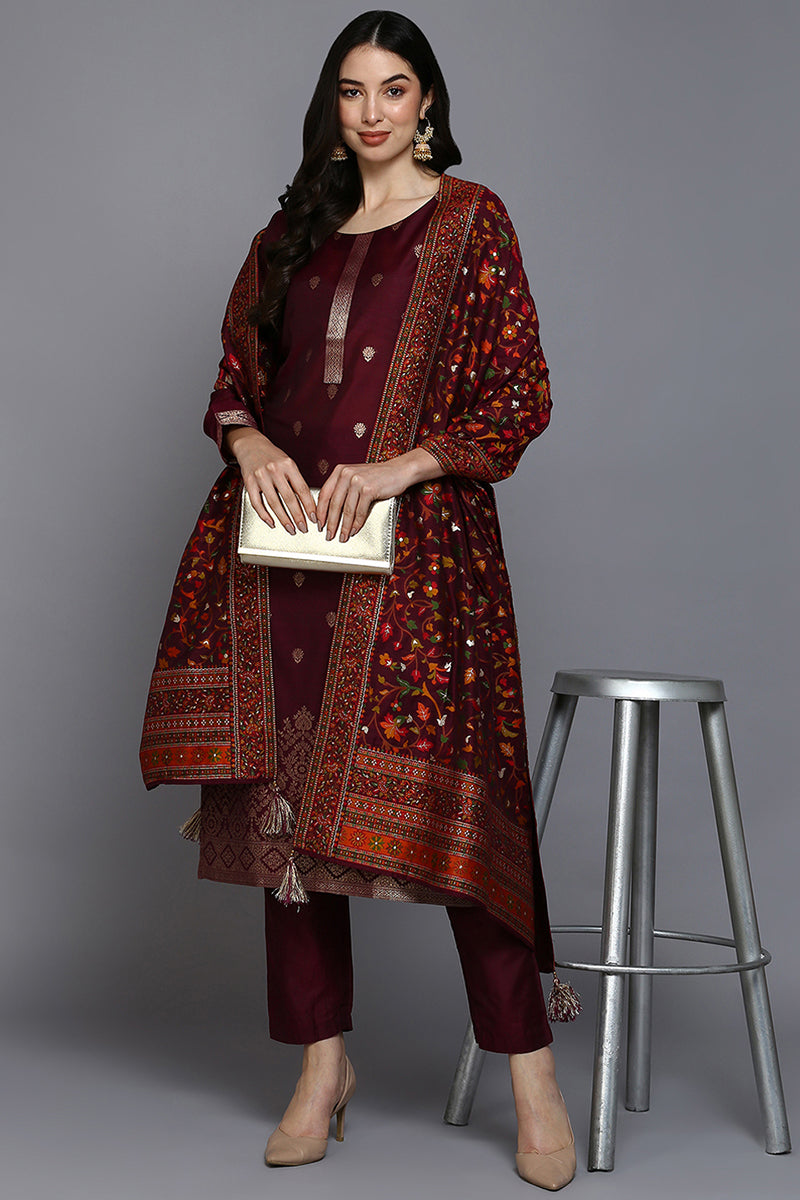 Burgundy Silk Blend Ethnic Straight Suit Set PKSKD1954