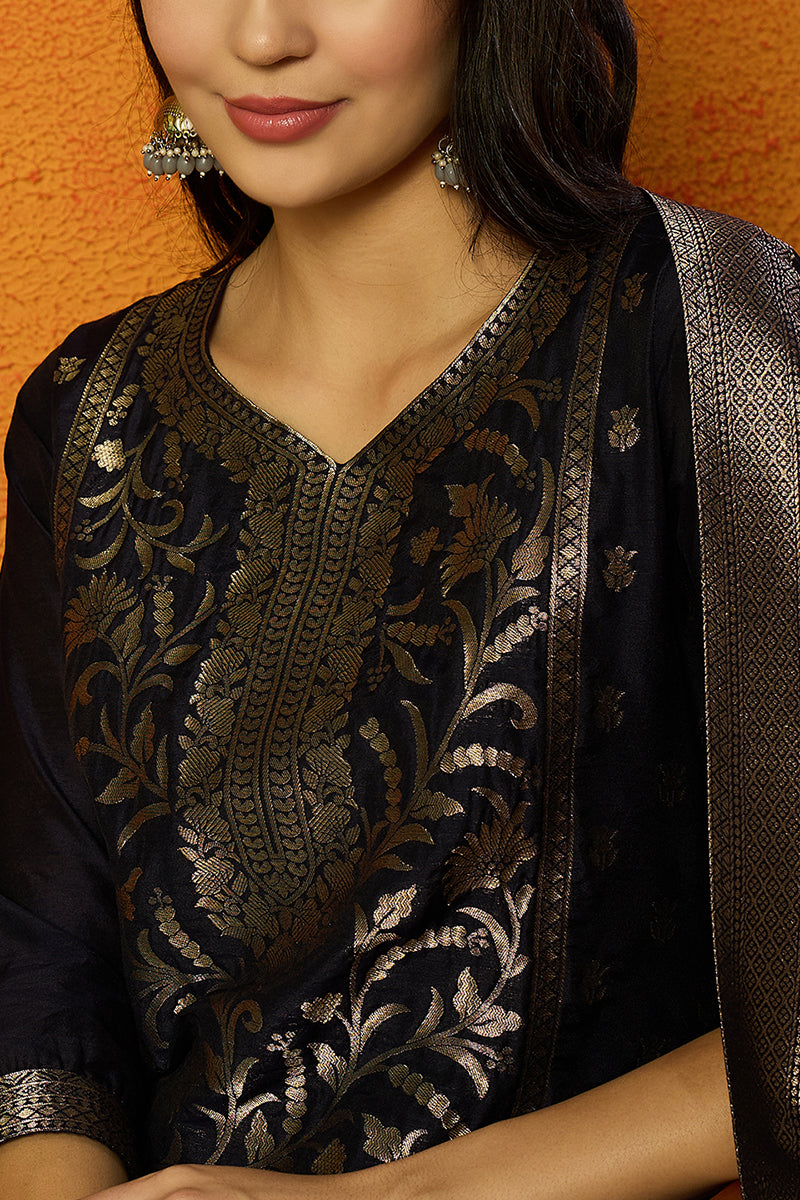 Navy Blue Poly Chanderi Jacquard Straight Suit Set PKSKD1974