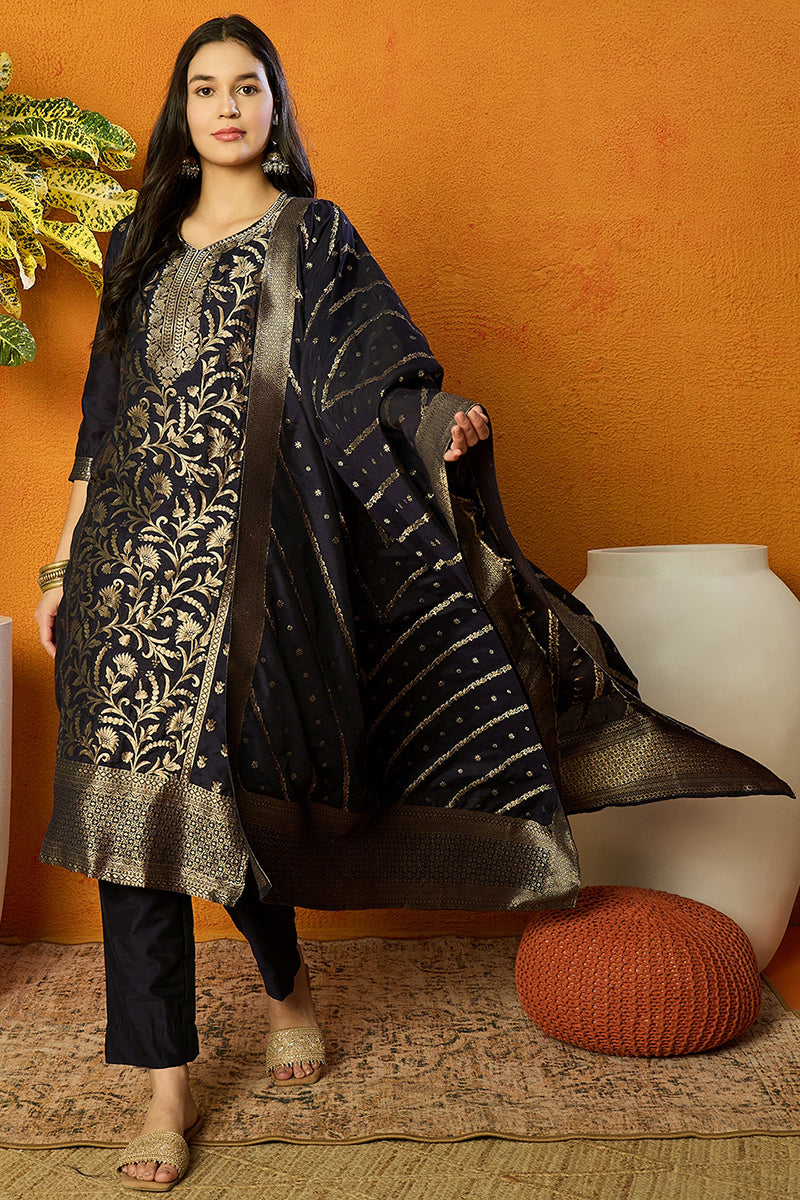 Navy Blue Poly Chanderi Jacquard Straight Suit Set PKSKD1974