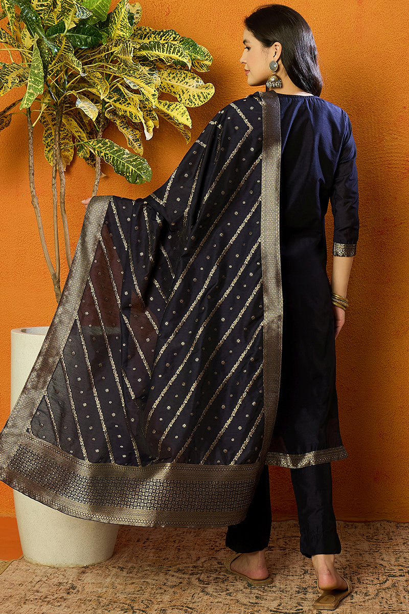 Navy Blue Poly Chanderi Jacquard Straight Suit Set PKSKD1974