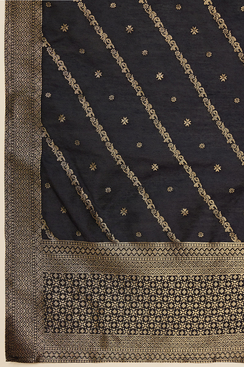 Navy Blue Poly Chanderi Jacquard Straight Suit Set PKSKD1974