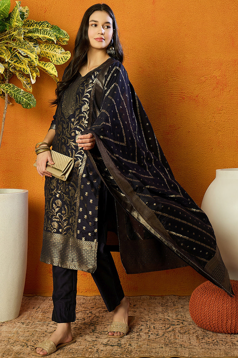 Navy Blue Poly Chanderi Jacquard Straight Suit Set PKSKD1974