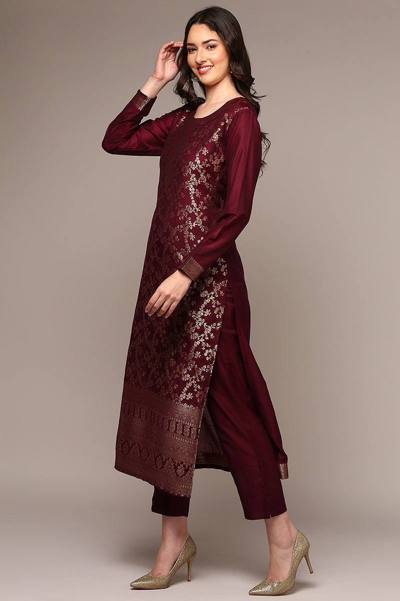 Maroon Poly Chanderi Woven Design Straight Suit Set PKSDK1976