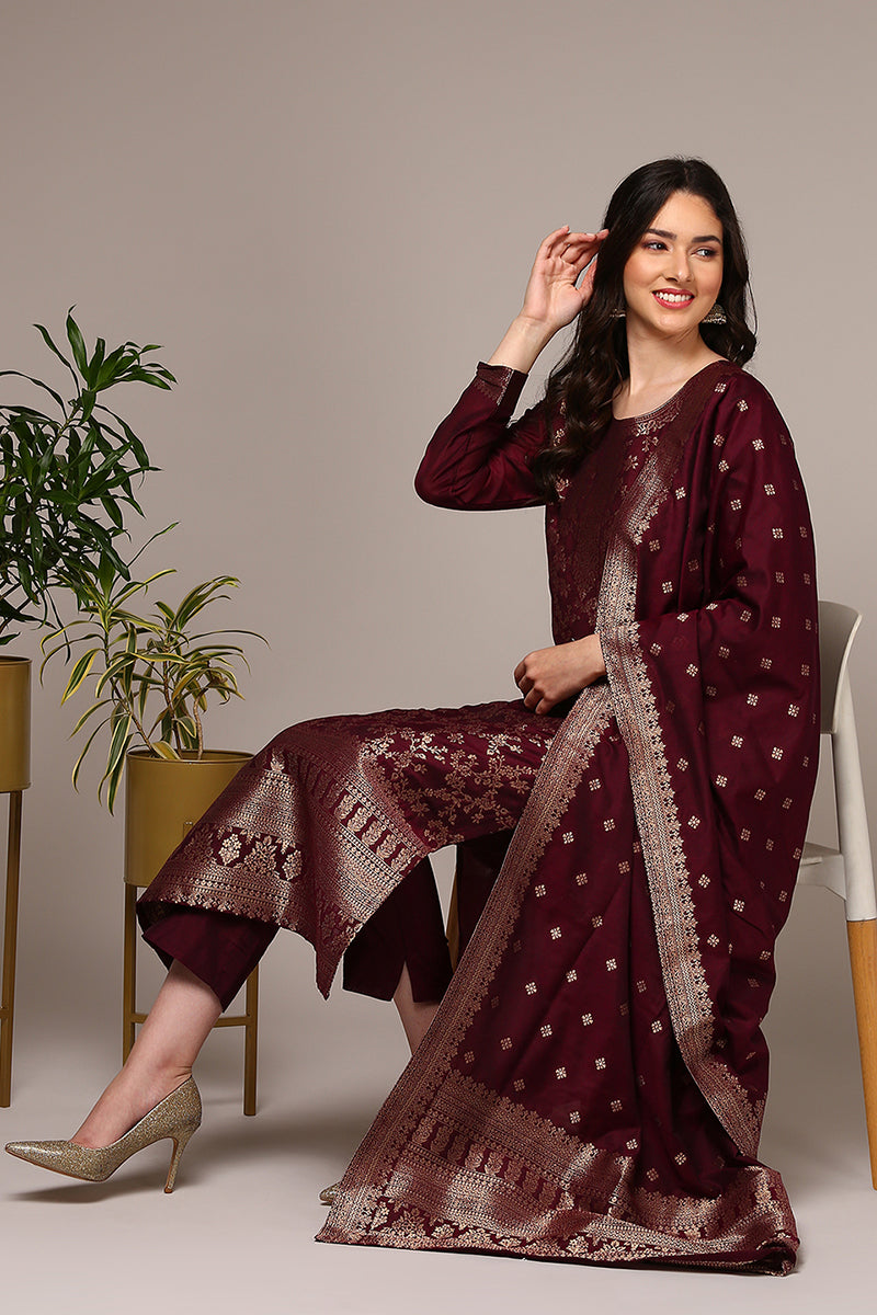 Maroon Poly Chanderi Woven Design Straight Suit Set PKSDK1976