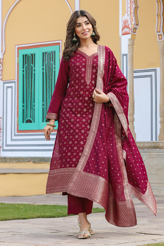 Red Poly Chanderi Woven Design Straight Suit Set PKSKD1977