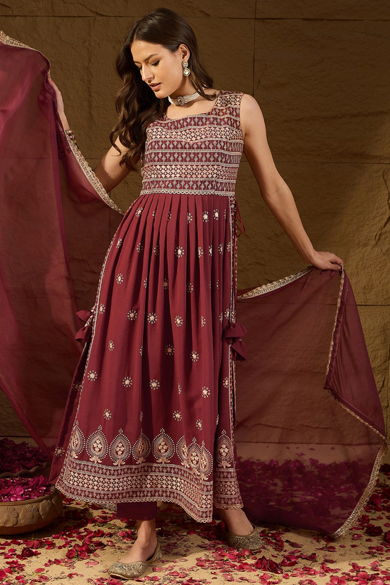 Rust Red Poly Georgette Solid Embroidered Straight Suit Set PKSKD2008