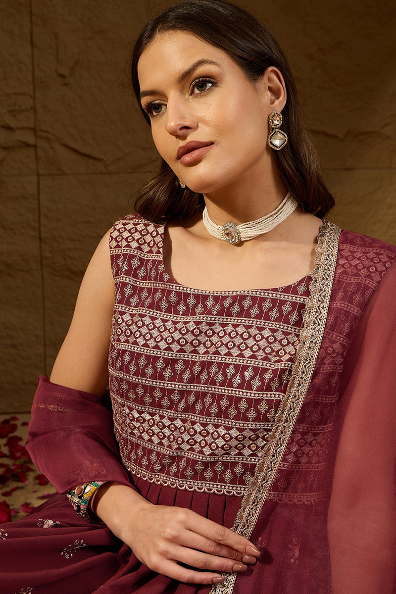 Rust Red Poly Georgette Solid Embroidered Straight Suit Set PKSKD2008