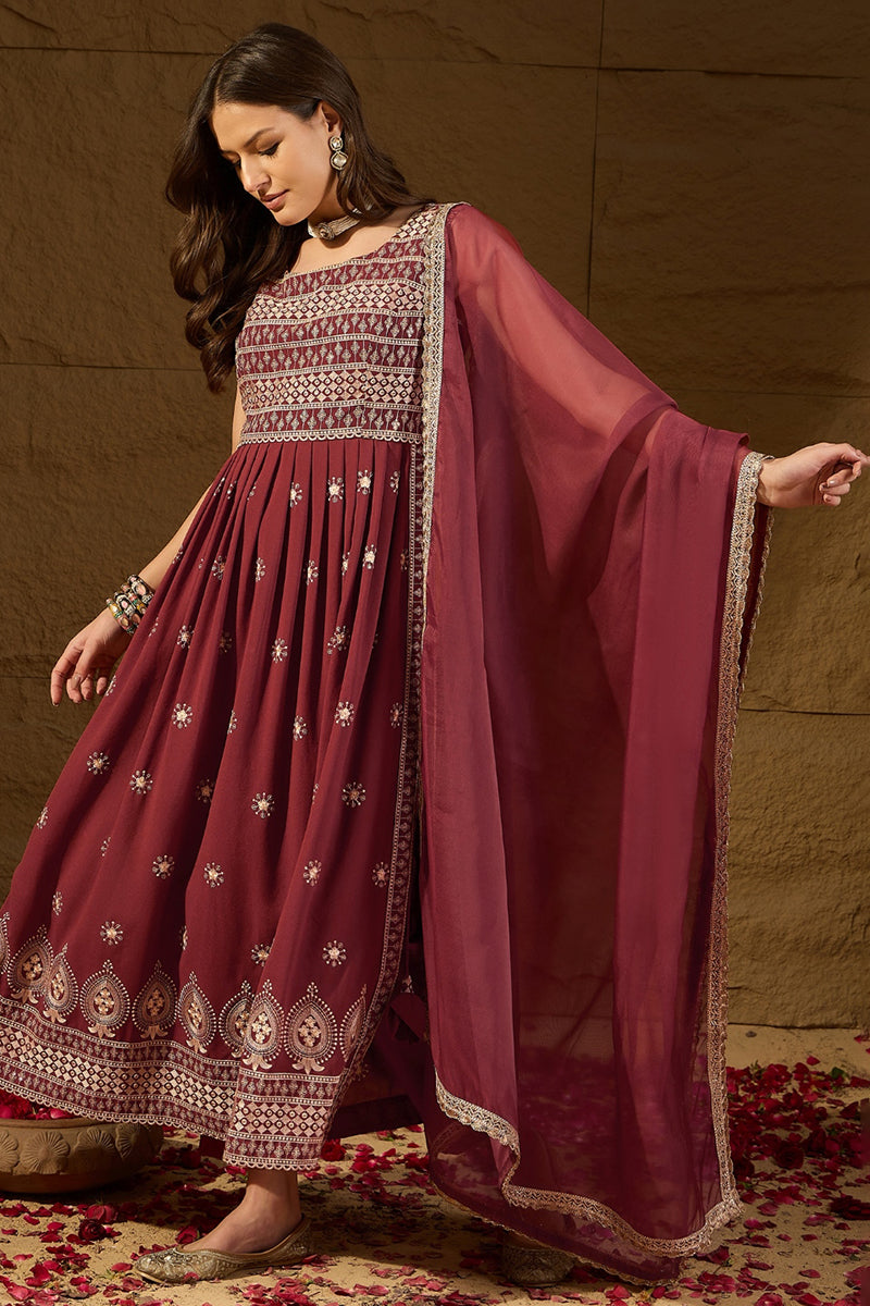 Rust Red Poly Georgette Solid Embroidered Straight Suit Set PKSKD2008